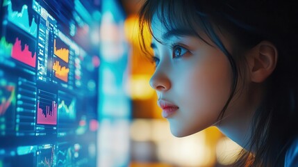 A photograph of employees updating realtime dashboards with stock data, Technology, Hightech and informative