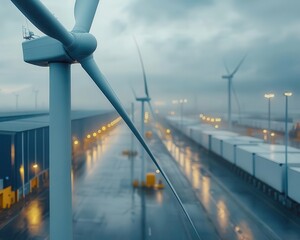 A photograph of wind turbines next to a logistics park, Renewable Energy, Expansive and powerful