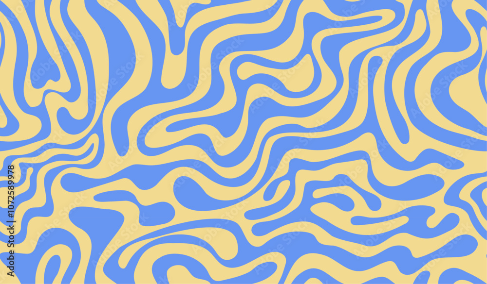 Leinwandbilder Abstract background pattern with colorful waves. Psychedelic groovy trippy y2k retro seamless pattern in blue and cream colors. Wavy and swirled brush strokes liquid background for packaging design