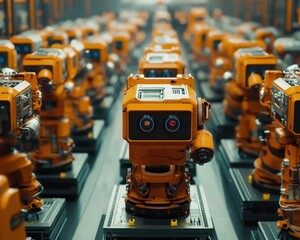 Fototapeta premium A shot of a warehouse filled with robotic sorters at work, Robotics, Busy and systematic