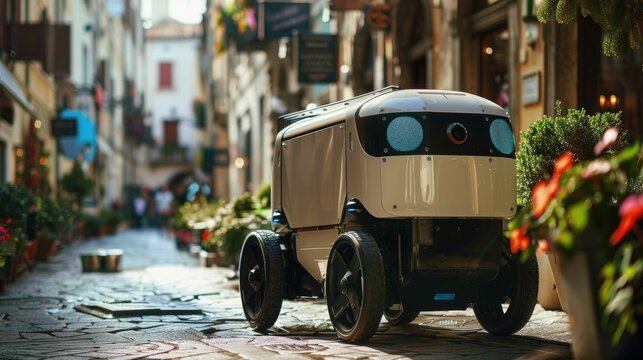 A cleaning robot collecting garbage in a charming narrow street during a sunny day