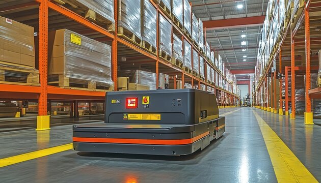 A shot of an automated guided vehicle AGV navigating through a warehouse, Robotics, Systematic and efficient