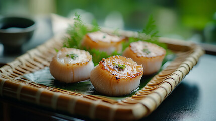 Freshly Prepared Scallops on a Bamboo Tray