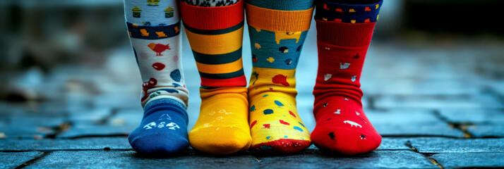Colorful socks for celebration world down syndrome day. Horizontal banner. Copy space. Diversity and unity