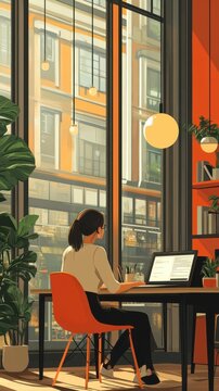 Futuristic coworking space, clean lines in Cinnamon Slate, flat design illustration