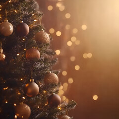 Fototapeta premium Beautifully Decorated Christmas Tree With Glowing Ornaments Indoors - warm holiday ambiance with subtle glowing lights in the background.
