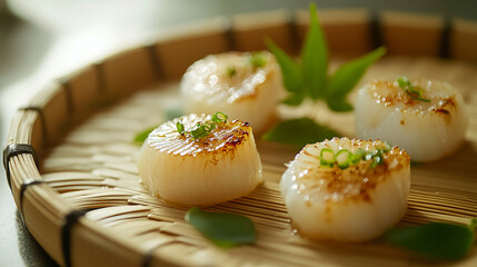 Freshly Prepared Scallops on a Bamboo Tray