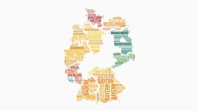 Germany regions word cloud animation. Country logo animated video. Germany colored text cloud. Regions typography style motion graphics. Creative video.