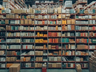 Fototapeta premium A wideangle shot of high shelves filled with neatly organized boxes, Warehouse, Expansive and detailed