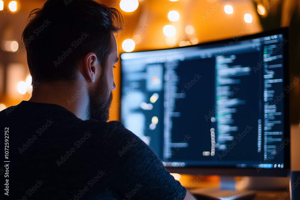Poster a person focuses intently on coding at their computer in a warmly lit home office filled with soft a