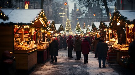 Obraz premium A bustling Christmas market with stalls full of festive
