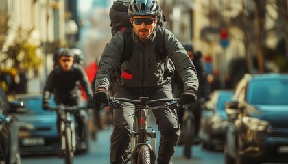 Naklejka premium A wideangle view of bike couriers moving through busy city streets, Urban Logistics, Active and fastpaced