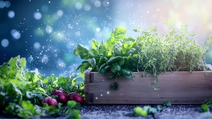 Fresh herbs and leafy greens in a wooden box with a magical glow