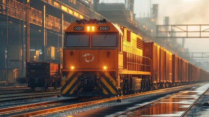 Fototapeta premium A wideangle view of freight train operations during loading, Rail Logistics, Expansive and systematic