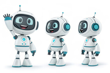 Set of Ai chatbot 3D render. Neural cute mascot in various pose, robot waving hand. Smart robotic character. Isolated vector illustration. Help assistance, artificial intelligence support device.
