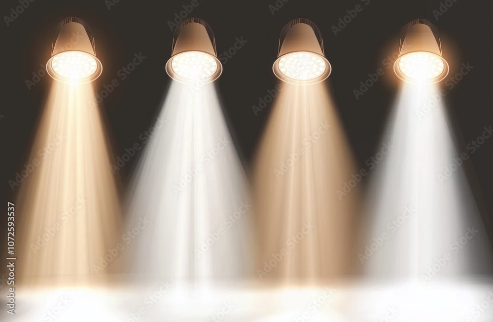 Poster Set of 4 spotlight lights with different color temperature. White, beige color effect. Realistic studio lights isolated on transparent background. Spotlight rays create illumination beams, glowing