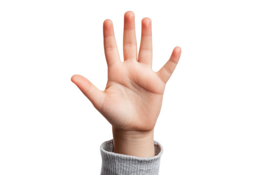Child's hand raised, white isolated background. PNG transparent. - Powered by Adobe