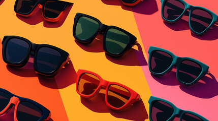different designs sunglasses in unique design isolated on yellow and pink background