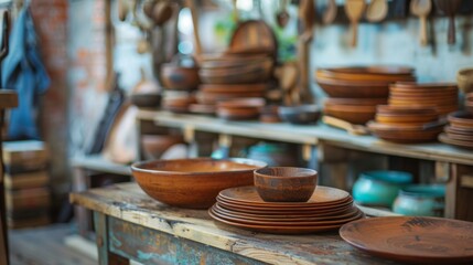 Fototapeta premium Beautiful Rustic Wooden Bowls and Plates Gracefully Displayed in a Charming Craft Workshop Environment