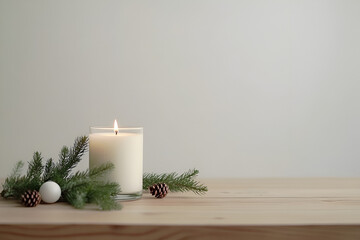 Cozy Christmas Candle Setup with Pine and Ornament on Wood - Perfect for holiday ambiance and seasonal decoration ideas