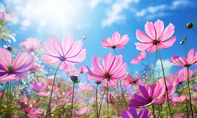 Stunning display of pink cosmos flowers under bright blue sky. Sunlight highlights delicate petals, creating serene atmosphere. Ideal for botanical, summer, outdoor photography projects,greeting card