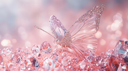 A delicate butterfly covered in shimmering pink crystals rests on a bed of sparkling pink gems
