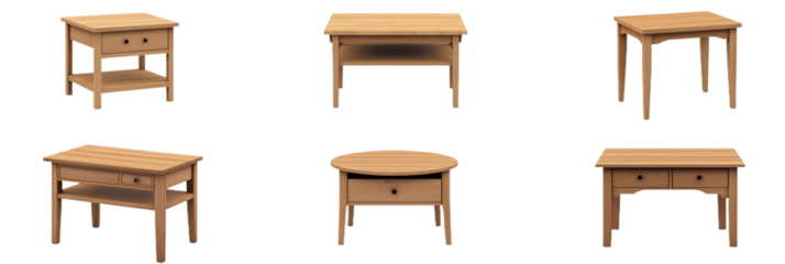 Set of modern wood side tables isolated on isolated transparent background. Empty furniture pieces. Various sizes, designs, and shapes with drawers and shelves. Classic style, perfect for home decor.