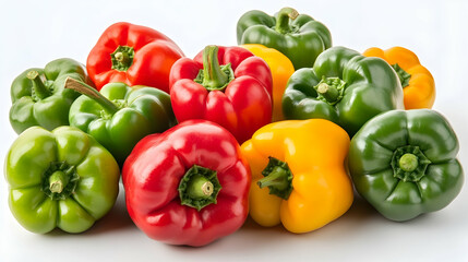 A group of red, green, and yellow bell peppers on a white background.