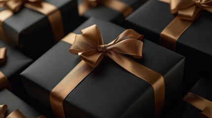 Elegant dark-colored gift boxes tied with golden ribbons, ready for celebrations like holidays or birthdays.
