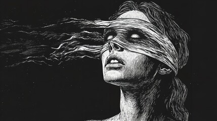 "Blindfolded clairvoyant young woman with three eyes forehead"