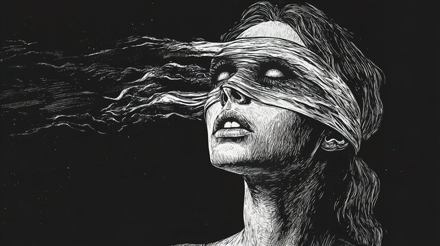 "Blindfolded clairvoyant young woman with three eyes forehead"