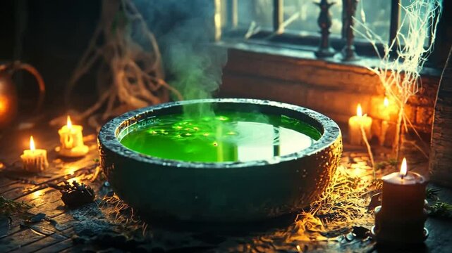 A cauldron of bubbling green potion in a spooky setting