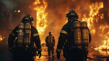 Firefighters in black and yellow gear equipped with oxygen tanks stand heroically in a street engulfed in flames.