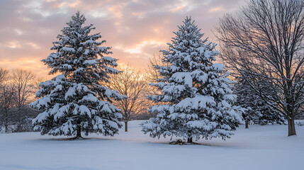 Fototapeta premium Snow-Covered Trees at Sunrise in Winter Wonderland Landscape - The soft glow of the sun enhances the beauty of the snow-laden branches.