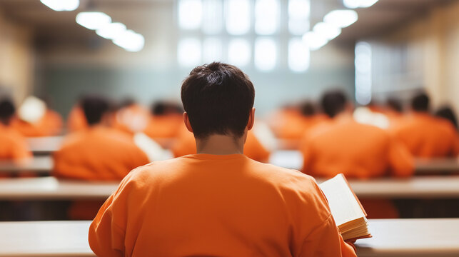 Prisoners in orange jumpsuits participating in a rehabilitation program in a classroom, listening to their instructor