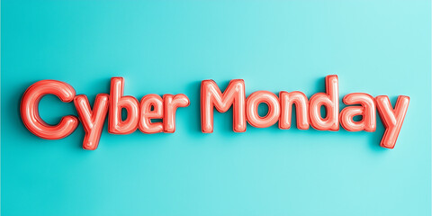 Eye-catching coral volumetric lettering 'Cyber Monday' on a vibrant blue backdrop, announcement of online sales