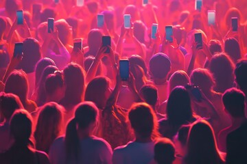 Obraz premium Crowd with mobile phones. Smartphone addiction problem, online life concept.