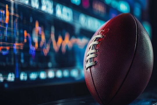 american football ball on the background of a display with analytics and statistics graphs