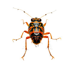 Fototapeta premium Close up of a black and orange cicada. Insect has long antennae and legs. It is isolated on isolated transparent background. Bug has sharp claws and prominent eyes. Macro photo of colorful cicada. Png