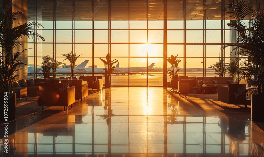 Poster a modern airport lounge with large windows overlooking the tarmac. the sun is setting in the distanc