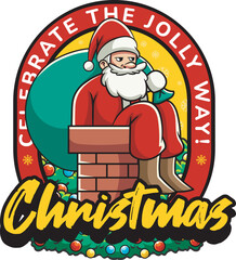 Vector Illustration of Santa Has A Sack Of Gifts Stuck In The Chimney with Retro Mascot Illustration Available for Logo Badge