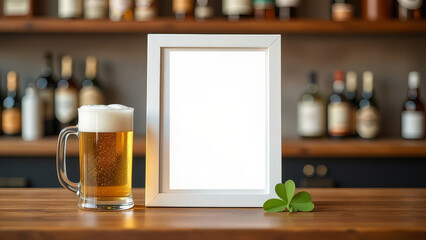 Mockup of a blank, white sheet of paper in a white frame next to a mug of foamy beer and clover leaves stands on a bar counter. Promotions and discounts in a bar for the holiday of St. Patrick's Day.