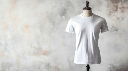 Blank white t-shirt on dress form against textured wall