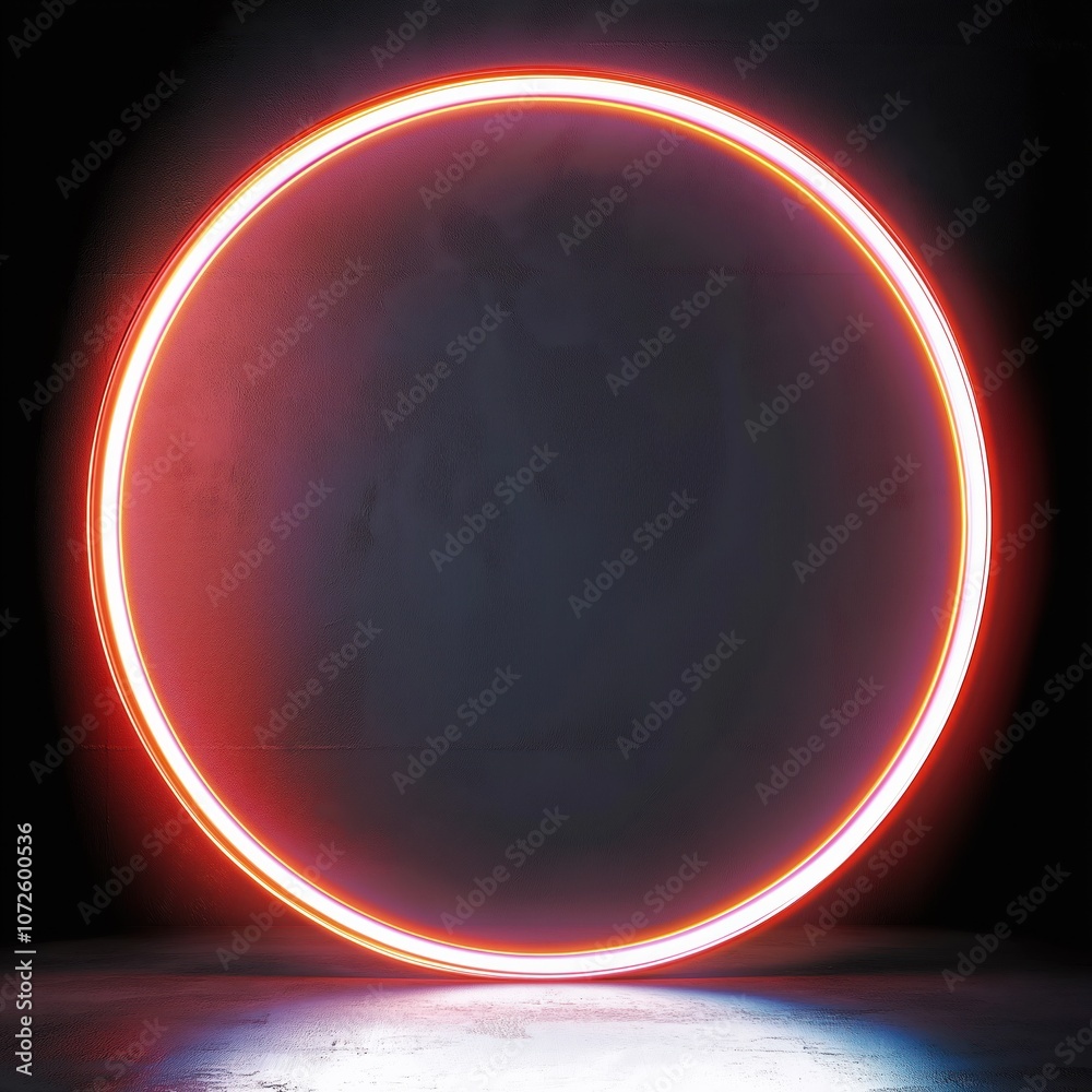 Poster round neon frame with bright glowing light, isolated on black background. frame is made of colorful 