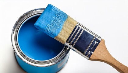 paint brush and can blue paint on transparent background