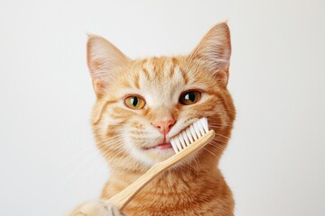 Ginger Cat with Wooden Toothbrush - A ginger cat holding a wooden toothbrush on a white background, promoting dental health for pets.