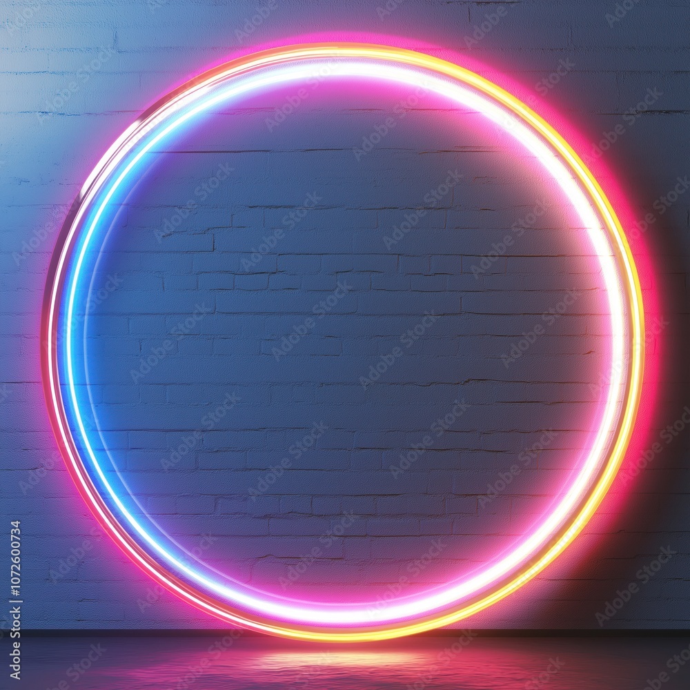 Poster neon circle frame on brick wall. glowing light in futuristic style. abstract design with vibrant col