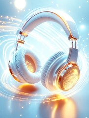 Futuristic White Headphones with Golden Glow	