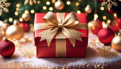 a festive red gift box adorned with golden snowflakes and a bow on a beautifully decorated christmas background
