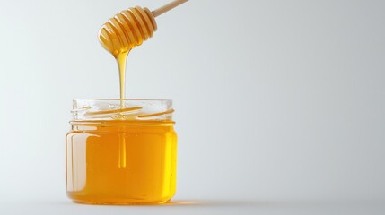 Golden honey beautifully cascading into a jar, set against a pristine white background to highlight its purity.